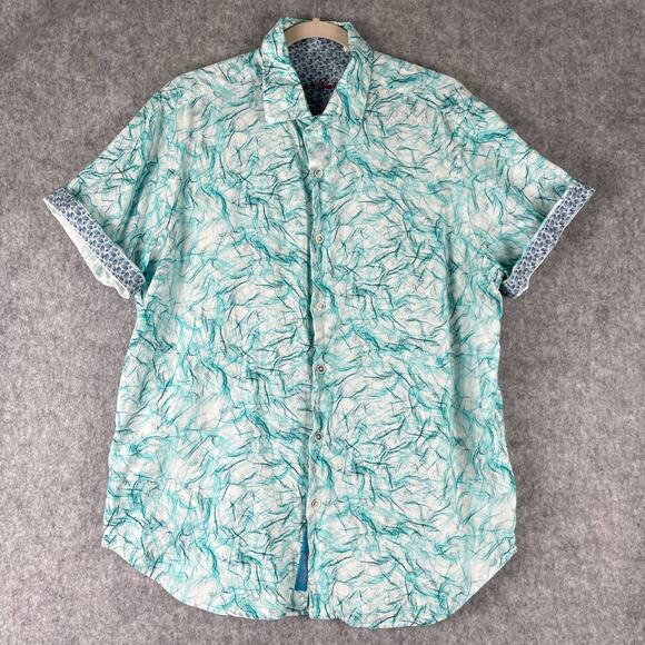Robert Graham Linen Blend Shirt Mens XL Blue Flip Cuff Abstract Vibrant SS - Picture 1 of 16